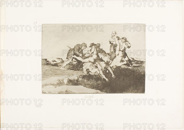 Charity, plate 27 from The Disasters of War, 1810, published 1863, Francisco José de Goya y Lucientes, Spanish, 1746-1828, Spain, Etching, lavis, drypoint, burnishing and burin on ivory wove paper with gilt edges, 130 x 193 mm (image), 160 x 234 mm (plate), 240 x 340 mm (sheet)