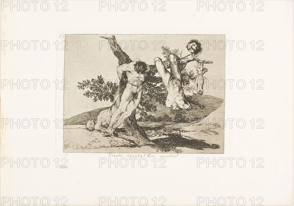 A Heroic Feat! With Dead Men!, plate 39 from The Disasters of War, 1812/15, published 1863, Francisco José de Goya y Lucientes, Spanish, 1746-1828, Spain, Etching, lavis and drypoint on ivory wove paper with gilt edges, 138 x 187 mm (image), 155 x 205 mm (plate), 240 x 340 mm (sheet)