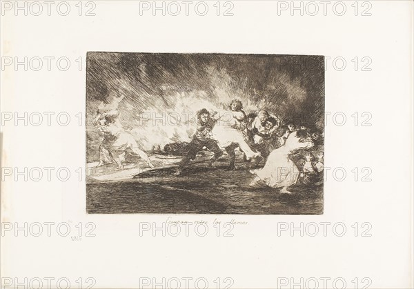 They Escape through the Flames, plate 41 from The Disasters of War, 1810/12, published 1863, Francisco José de Goya y Lucientes, Spanish, 1746-1828, Spain, Etching and burin on ivory wove paper with gilt edges, 135 x 198 mm (image), 160 x 235 mm (plate), 240 x 340 mm (sheet)