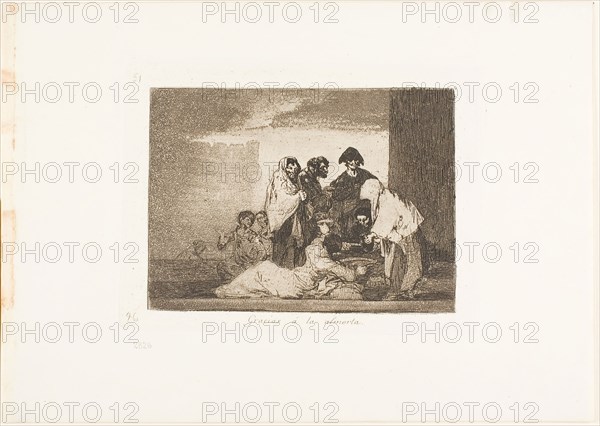 Thanks to the Millet, plate 51 from The Disasters of War, 1812/15, published 1863, Francisco José de Goya y Lucientes, Spanish, 1746-1828, Spain, Etching and burnished aquatint on ivory wove paper with gilt edges, 129 x 175 mm (image), 153 x 205 mm (plate), 240 x 340 mm (sheet)