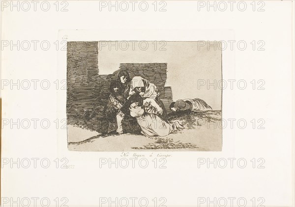 They Do Not Arrive in Time, plate 52 from The Disasters of War, 1812/15, published 1863, Francisco José de Goya y Lucientes, Spanish, 1746-1828, Spain, Etching, lavis, drypoint and burin on ivory wove paper with gilt edges, 129 x 180 mm (image), 155 x 205 mm (plate), 240 x 340 mm (sheet)