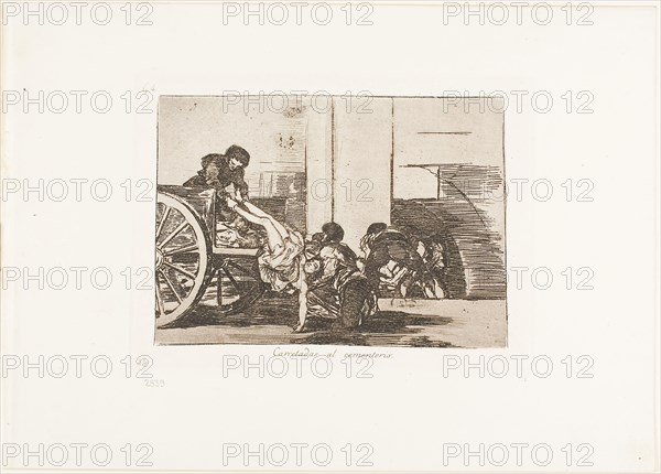 Cartloads to the cemetery, plate 64 from The Disasters of War, 1812/15, published 1863, Francisco José de Goya y Lucientes, Spanish, 1746-1828, Spain, Etching, aquatint and drypoint in warm black on off-white wove paper with gilt edges, 129 x 181 mm (image), 153 x 205 mm (plate), 240 x 339 mm (sheet)