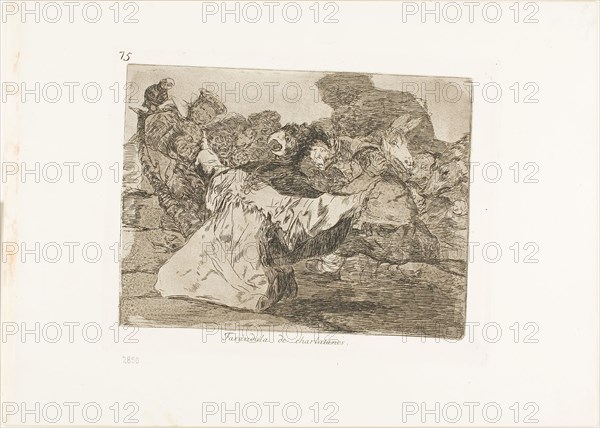 Charlatan’s show, plate 75 from The Disasters of War, 1815/20, published 1863, Francisco José de Goya y Lucientes, Spanish, 1746-1828, Spain, Etching, aquatint or lavis, burin and burnishing on ivory wove paper with gilt edges, 148 x 196 mm (image), 170 x 220 mm (plate), 240 x 337 mm (sheet)