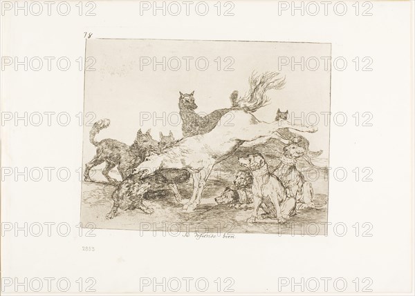 He defends himself well, plate 78 from The Disasters of War, 1815/20, published 1863, Francisco José de Goya y Lucientes, Spanish, 1746-1828, Spain, Etching, drypoint, burin and burnishing on ivory wove paper with gilt edges, 157 x 202 mm (image), 175 x 220 mm (plate), 240 x 336 mm (sheet)