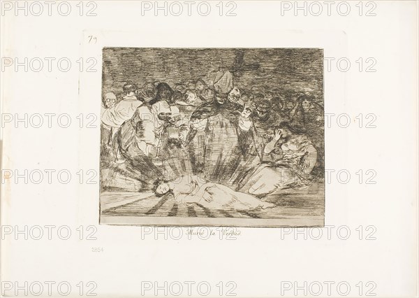 Truth has died, plate 79 from The Disasters of War, 1815/20, published 1863, Francisco José de Goya y Lucientes, Spanish, 1746-1828, Spain, Etching and burnishing on ivory wove paper with gilt edges, 145 x 182 mm (image), 170 x 215 mm (plate), 240 x 335 mm (sheet)