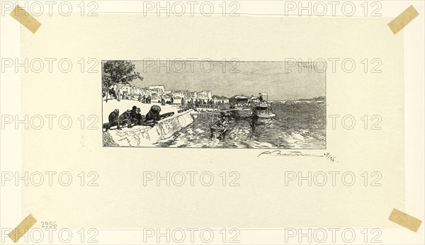 Bercy Wharf, plate two from Le Long de la Seine et des Boulevards, 1890, published 1910, Louis Auguste Lepère (French, 1849-1918), published by A. Desmoulins (French, active c. 1908-1910), France, Wood engraving in black on cream Japanese tissue, 46 × 119 mm (image), 115 × 204 mm (sheet)