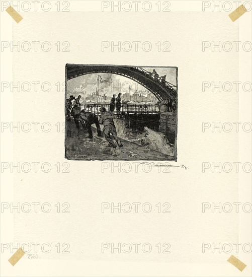 Lock of the Canal Saint-Martin, plate six from Le Long de la Seine et des Boulevards, 1890, published 1910, Louis Auguste Lepère (French, 1849-1918), published by A. Desmoulins (French, active c. 1908-1910), France, Wood engraving in black on cream Japanese tissue, 87 × 103 mm (image), 232 × 209 mm (sheet)