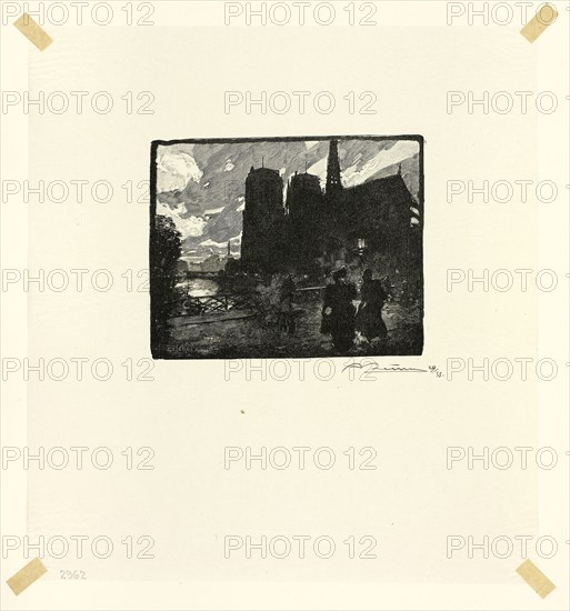 Notre-Dame, Evening, plate eight from Le Long de la Seine et des Boulevards, 1890, published 1910, Louis Auguste Lepère (French, 1849-1918), published by A. Desmoulins (French, active c. 1908-1910), France, Wood engraving in black on cream Japanese tissue, 92 × 114 mm (image), 232 × 213 mm (sheet)