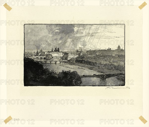 Paris, Viewed from the Pavillon de Flore, plate eleven from Le Long de la Seine et des Boulevards, 1890, published 1910, Louis Auguste Lepère (French, 1849-1918), published by A. Desmoulins (French, active c. 1908-1910), France, Wood engraving in black on cream Japanese tissue, 122 × 198 mm (image), 226 × 267 mm (sheet)