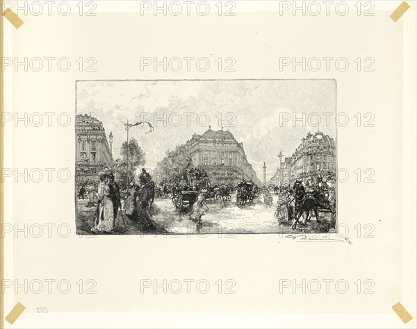 Place de l’Opéra, plate seventeen from Le Long de la Seine et des Boulevards, 1890, published 1910, Louis Auguste Lepère (French, 1849-1918), published by A. Desmoulins (French, active c. 1908-1910), France, Wood engraving in black on cream Japanese tissue, 119 × 202 mm (image), 233 × 300 mm (sheet)