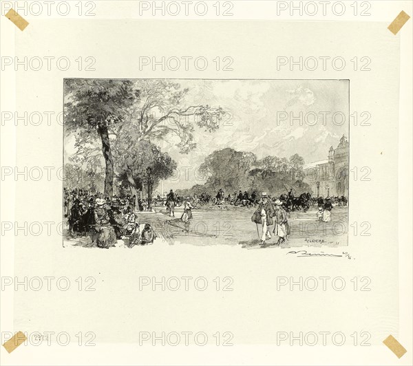 L’Avenue des Champs-Élysées, plate eighteen from Le Long de la Seine et des Boulevards, 1890, published 1910, Louis Auguste Lepère (French, 1849-1918), published by A. Desmoulins (French, active c. 1908-1910), France, Wood engraving in black on cream Japanese tissue, 121 × 203 mm (image), 231 × 275 mm (sheet)