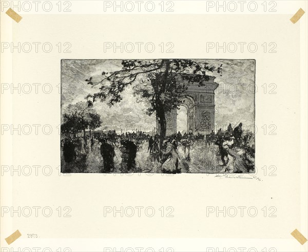 Retour du Bois, place de l’Etoile, plate nineteen from Le Long de la Seine et des Boulevards, 1890, published 1910, Louis Auguste Lepère (French, 1849-1918), published by A. Desmoulins (French, active c. 1908-1910), France, Wood engraving in black on cream Japanese tissue, 118 × 201 mm (image), 232 × 297 mm (sheet)