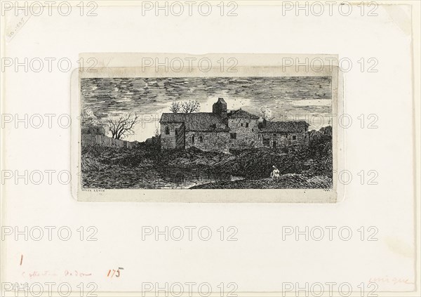 Chapel and Pilgrim’s Hospice at Harambeltz (Basses-Pyrenees), 1866, Odilon Redon, French, 1840-1916, France, Etching on cream China paper laid down on white wove paper, 61 × 136 mm (image), 74 × 147 mm (plate), 155 × 220 mm (sheet)