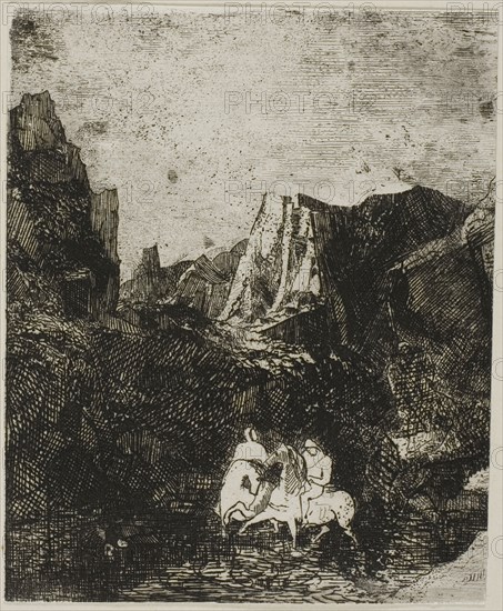 Two Small Horsemen, 1865, Odilon Redon, French, 1840-1916, France, Etching on ivory wove paper mounted on ivory wove paper, 99 × 81 mm (image/sheet), 320 × 223 mm (sheet, mounting)