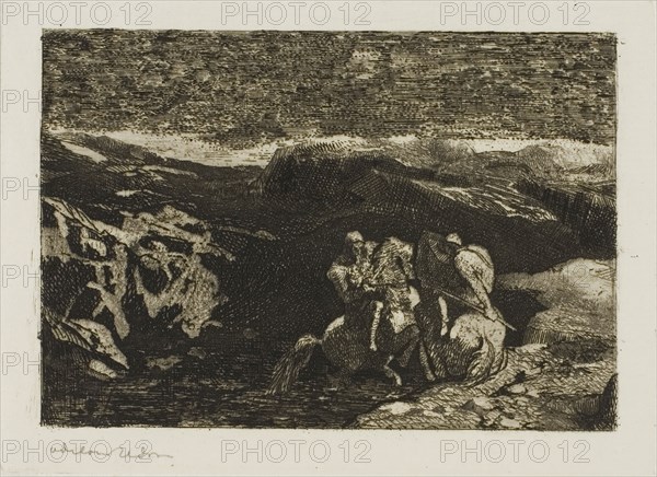 Horsemen in Combat, 1865, Odilon Redon, French, 1840-1916, France, Etching and drypoint on ivory laid paper, 102 × 139 mm (plate), 375 × 285 mm (sheet)