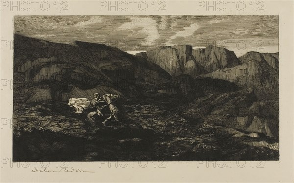 Fear, 1865, Odilon Redon, French, 1840-1916, France, Etching on cream laid paper, 110 × 200 mm (image) 140 × 222 mm (plate), 270 × 358 mm (sheet)