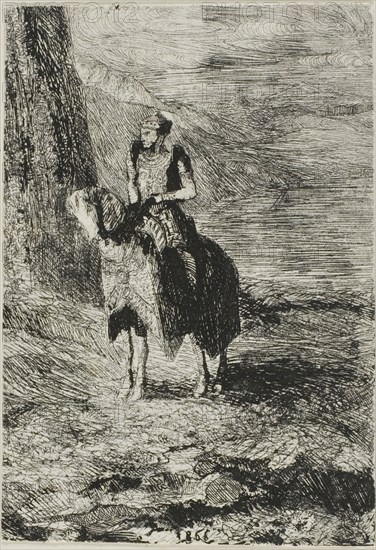 Horseman Waiting, 1866, Odilon Redon, French, 1840-1916, France, Etching on ivory wove paper, cut down within plate mark and mounted on ivory wove card, 101 × 70 mm (image/sheet), 361 × 276 mm (sheet, mount)