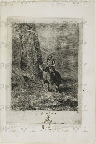 Horseman Waiting, 1866, Odilon Redon, French, 1840-1916, France, Etching on light gray China paper laid down on ivory wove paper, 128 × 97 mm (image), 152 × 110 mm (plate), 205 × 137 mm (sheet)