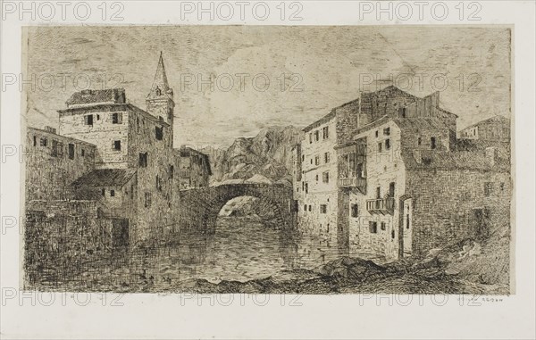St.-Jean-Pied-de-Port, 1866, Odilon Redon, French, 1840-1916, France, Etching on mounted cream China paper, 140 × 221 mm (plate), 112 × 199 mm (sheet)