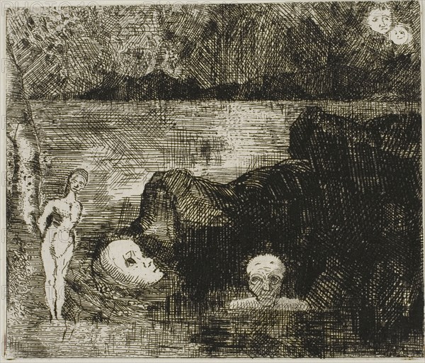 Dream Vision, c. 1880, Odilon Redon, French, 1840-1916, France, Etching amd drypoint on ivory wove paper, cut within platemark and mounted on ivory wove paper, 88 × 102 mm (image/sheet), 193 × 276 mm (sheet, mount)