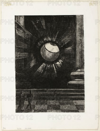 Vision, plate eight from In Dreams, 1879, Odilon Redon, French, 1840-1916, France, Lithograph in black on cream China paper laid down on white wove paper, 275 × 198 mm (image/chine), 360 × 273 mm (sheet)