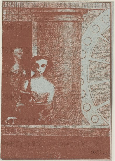Cover/Frontispiece: verso of the second page, from To Edgar Poe, 1882, Odilon Redon, French, 1840-1916, France, Lithograph in brick red on light blue wove paper, 164 × 116 mm