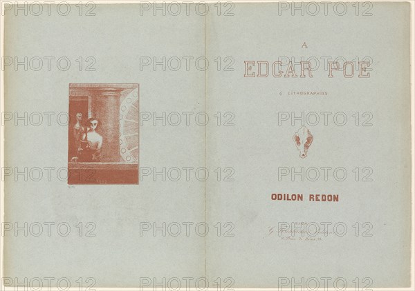 Portfolio cover, from To Edgar Poe, 1882, Odilon Redon, French, 1840-1916, France, Bi-fold portfolio cover with lithographed text and images front and back, printed in brick-red on blue-green wove paper, 164 × 115 mm (image), 460 × 328 mm (sheet)