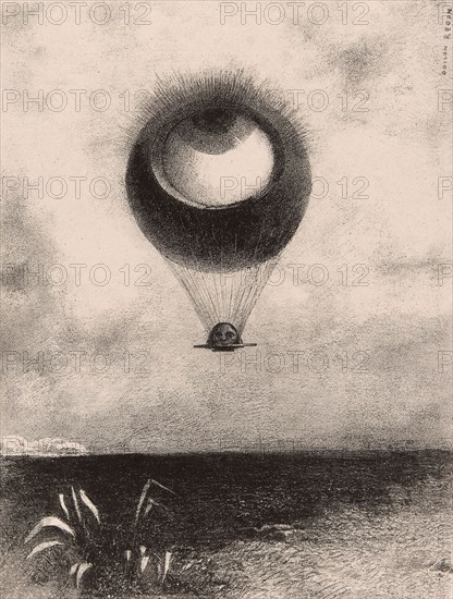 The Eye, Like a Strange Balloon Moves Towards Infinity, plate one from To Edgar Poe, 1882, Odilon Redon, French, 1840-1916, France, Lithograph in black on ivory China paper, laid down on white wove paper, 263 × 198 mm (image/chine), 443 × 315 mm (sheet)
