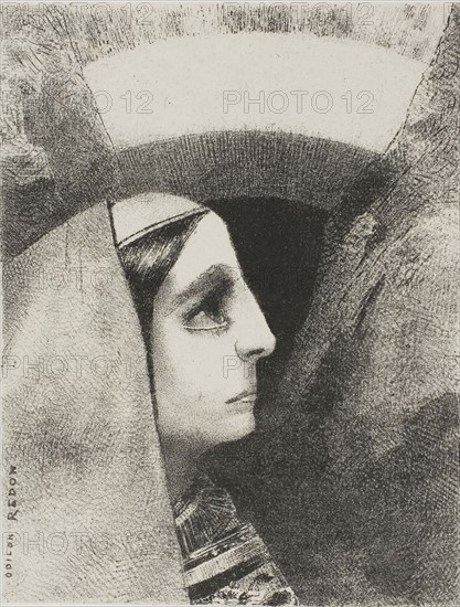 Before the Black Sun of Melancholy, Lenore Appears, plate two from To Edgar Poe, 1882, Odilon Redon, French, 1840-1916, France, Lithograph in black on ivory China paper, laid down on white wove paper, 168 × 128 mm (image/chine), 418 × 305 mm (sheet)