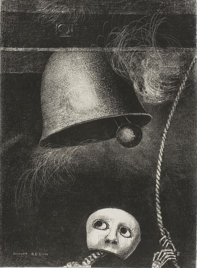 A Mask Sounds the Funeral Knell, plate three from To Edgar Poe, 1882, Odilon Redon, French, 1840-1916, France, Lithograph in black on ivory China paper, laid down on white wove paper, 260 × 193 mm (image/chine), 440 × 305 mm (sheet)