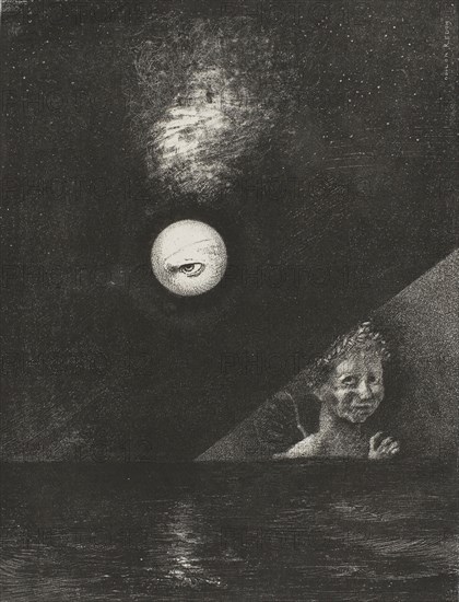 On the Horizon the Angel of Certitude, and in the Somber Heaven a Questioning Eye, plate four from To Edgar Poe, 1882, Odilon Redon, French, 1840-1916, France, Lithograph in black on ivory China paper, laid down on white wove paper, 270 × 205 mm (image), 272 × 205 mm (chine), 440 × 305 mm (sheet)