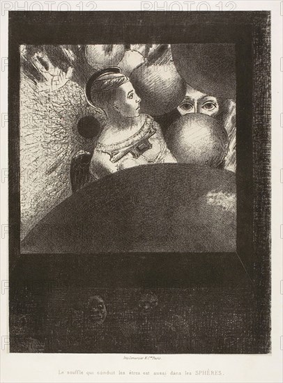 In the Spheres (The Breath Which Leads Living Creatures is also in the Spheres), plate five from To Edgar Poe, 1882, Odilon Redon, French, 1840-1916, France, Lithograph in black on ivory China paper, laid down on white wove paper, 273 × 208 mm (image), 272 × 210 mm (chine), 448 × 315 mm (sheet)