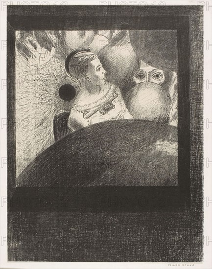 In the Spheres (The breath which leads living creatures is also in the SPHERES), plate 5 of 6 from To Edgar Poe, 1882, Odilon Redon, French, 1840-1916, France, Lithograph in black on ivory China paper laid down on white wove paper, 273 × 208 mm (image/chine), 441 × 314 mm (sheet)