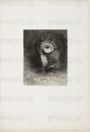 There Was Perhaps a First Vision Attempted in the Flower, plate 2 of 8 from Les Origines, 1883, Odilon Redon, French, 1840-1916, France, Lithograph in black on light gray chine laid down on white wove paper, 225 × 177 mm (image/chine), 511 × 356 mm (sheet)