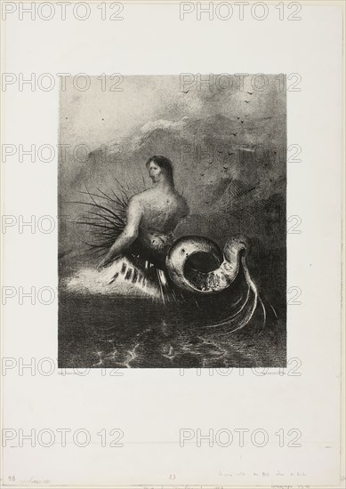Siren Coming out of the Waves, Dressed in Flames, plate 4 of 8 from Les Origines, 1883, Odilon Redon, French, 1840-1916, France, Lithograph in black on light gray China paper collé, laid down on white wove paper, 302 × 235 mm (image/chine), 490 × 345 mm (sheet)