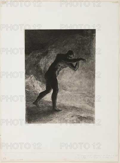 And Man Appeared, Questioning the Earth From Which He Emerged and Which Attracted Him, He Made His Way Toward Somber Brightness, plate 8 of 8 from Les Origines, 1883, Odilon Redon, French, 1840-1916, France, Lithograph in black on light gray China paper, laid down on white wove paper, 280 × 210 mm (image/chine), 472 × 345 mm (sheet)