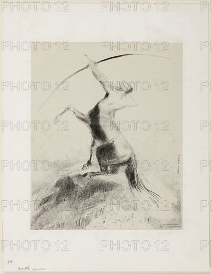 Centaur Aiming at the Clouds, 1883, Odilon Redon, French, 1840-1916, France, Lithograph in black on light gray China paper laid down on ivory wove paper, 315 × 257 mm (chine), 447 × 346 mm (sheet)