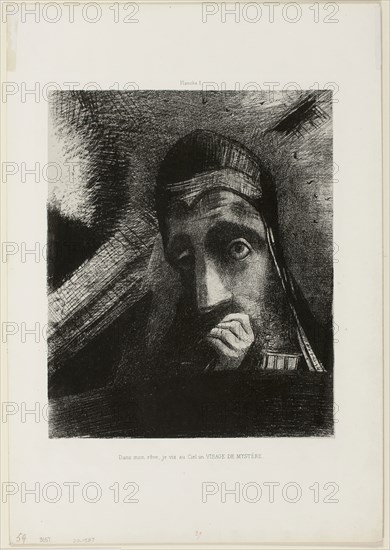 Face of Mystery (In my dream I saw in the Sky a FACE OF MYSTERY), plate 1 from Homage to Goya, 1885, Odilon Redon, French, 1840-1916, France, Lithograph in black on light gray China paper laid down on ivory wove paper, 290 × 239 mm (image/chine), 453 × 313 mm (sheet)