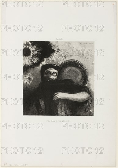 A Strange Juggler, plate 5, 1885, Odilon Redon, French, 1840-1916, France, Lithograph in black on cream China paper laid down on ivory wove paper, 199 × 190 mm (image/chine), 440 × 305 mm (sheet)