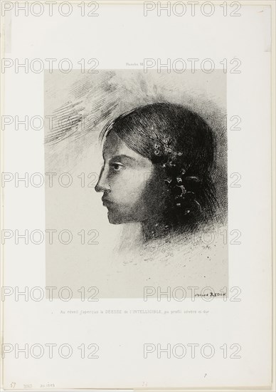 Upon Awakening I Saw the Goddess of the Intelligible With Her Severe and Hard Profile, plate 6 of 6, 1885, Odilon Redon, French, 1840-1916, France, Lithograph in black on light gray China paper laid down on ivory wove paper, 270 × 215 mm (chine), 455 × 315 mm (sheet)