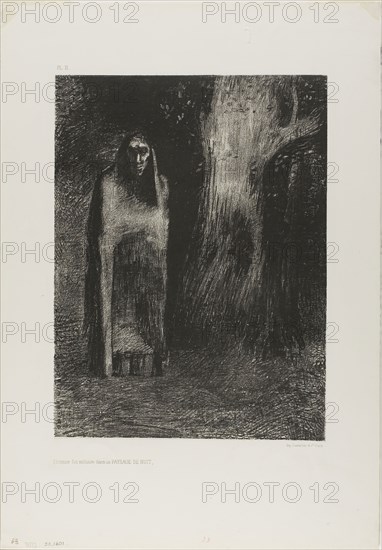The Man was Alone in a Night Landscape, from Night, 1886, Odilon Redon, French, 1840-1916, France, Lithograph in black on ivory China paper collé, laid down on white wove paper, 295 × 220 mm (chine), 440 × 305 mm (sheet)