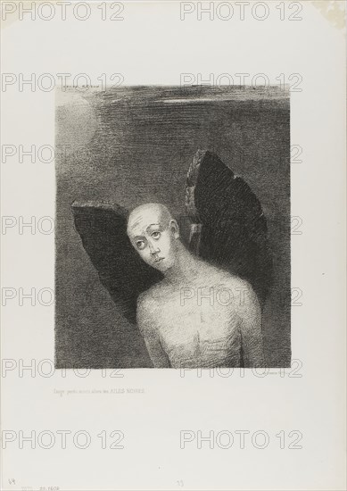 The Lost Angel Then Opened Black Wings, from Night, 1886, Odilon Redon, French, 1840-1916, France, Lithograph in black on ivory China paper collé, laid down on white wove paper, 256 × 214 mm (image), 259 × 216 mm (chine), 445 × 315 mm (sheet)