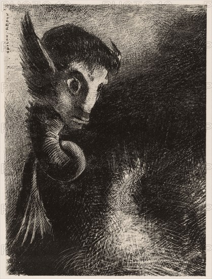 The Chimera Gazed at all Things with Fear, from Night, 1886, Odilon Redon, French, 1840-1916, France, Lithograph in black on ivory China paper collé, laid down on white wove paper, 249 × 184 mm (image/chine), 451 × 312 mm (sheet)