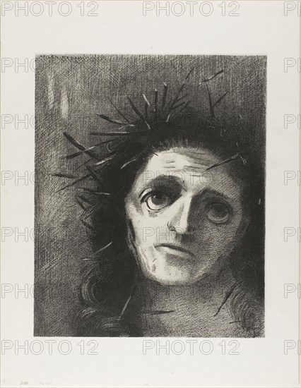 Christ, 1887, Odilon Redon, French, 1840-1916, France, Lithograph in black on ivory China paper laid down on white wove paper, 330 × 270 mm (image/chine), 447 × 348 mm (sheet)