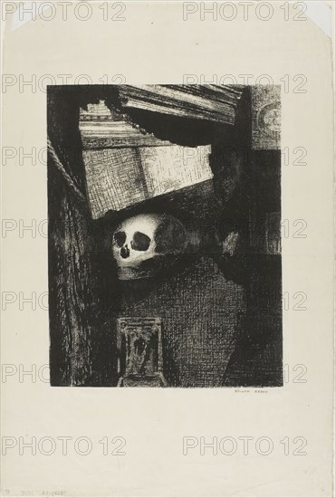 Through an Opening in the Wall, a Skull Appeared, plate 1 from Edmond Picard’s Le Jure, 1887, Odilon Redon, French, 1840-1916, France, Lithograph in black on cream Japanese paper, 239 × 185 mm (image), 390 × 264 mm (sheet)