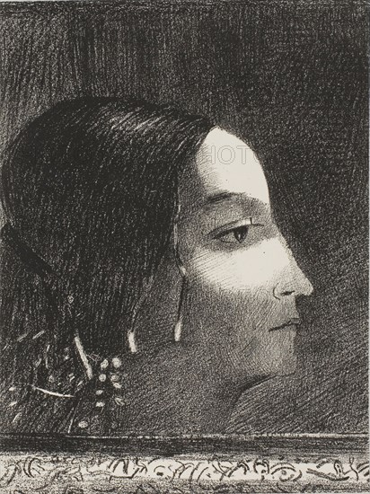 Dramatic and Grandiose with Her Face like that of a Druid Priestess, 1887, Odilon Redon, French, 1840-1916, France, Lithograph in black on ivory China paper, laid down on white wove paper, 192 × 143 mm (image/chine), 446 × 315 mm (sheet)