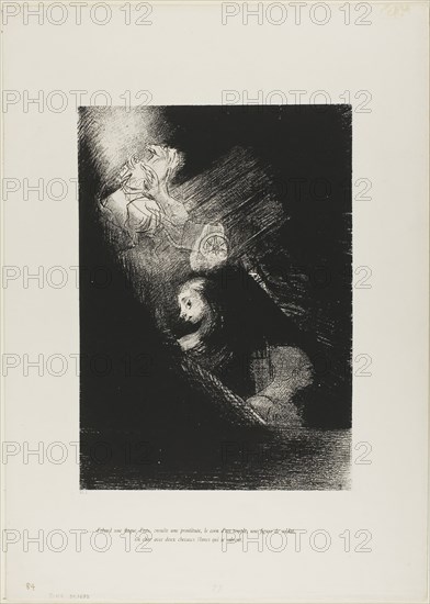 First a pool of water, then a prostitute, the corner of a temple, a soldier’s face, a chariot with two rearing white horses, plate 1 from The Temptation of Saint Anthony (1st series), 1888, Odilon Redon, French, 1840-1916, France, Lithograph in black on ivory China paper laid down on ivory wove paper, 290 × 206 mm (image/chine), 446 × 319 mm (sheet)