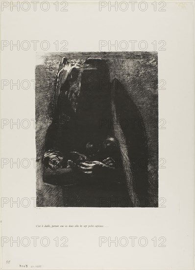 It is the Devil, Bearing Beneath his Two Wings the Seven Deadly Sins, plate 2 from The Temptation of Saint Anthony (1st series), 1888, Odilon Redon, French, 1840-1916, France, Lithograph in black on ivory China paper laid down on ivory wove paper, 253 × 199 mm (image/chine), 432 × 312 mm (sheet)