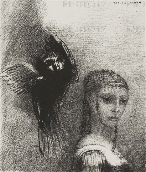 And a Large Bird, Descending From the Sky, Hurls Itself Against the Topmost Point of Her Hair, plate 3 of 10, 1888, Odilon Redon, French, 1840-1916, France, Lithograph in black on ivory China paper, laid down on ivory wove paper, 190 × 159 mm (image/chine), 432 × 311 mm (sheet)