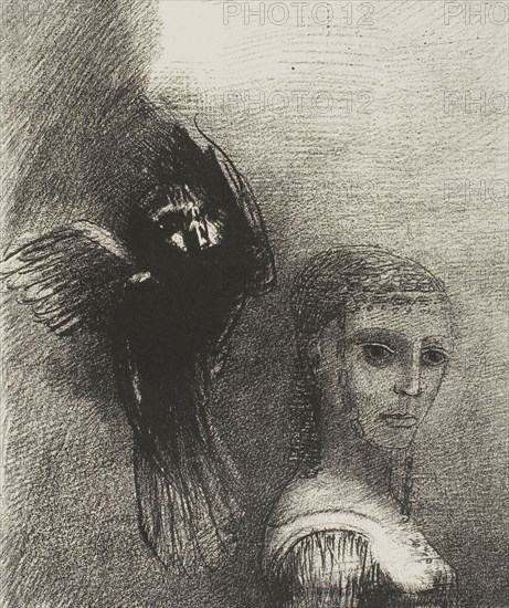 And a Large Bird, Descending From the Sky, Hurls Itself Against the Topmost Point of Her Hair, plate 3 of 10, 1888, Odilon Redon, French, 1840-1916, France, Lithograph in black on ivory wove paper, 190 × 160 mm (image), 359 × 274 mm (sheet)